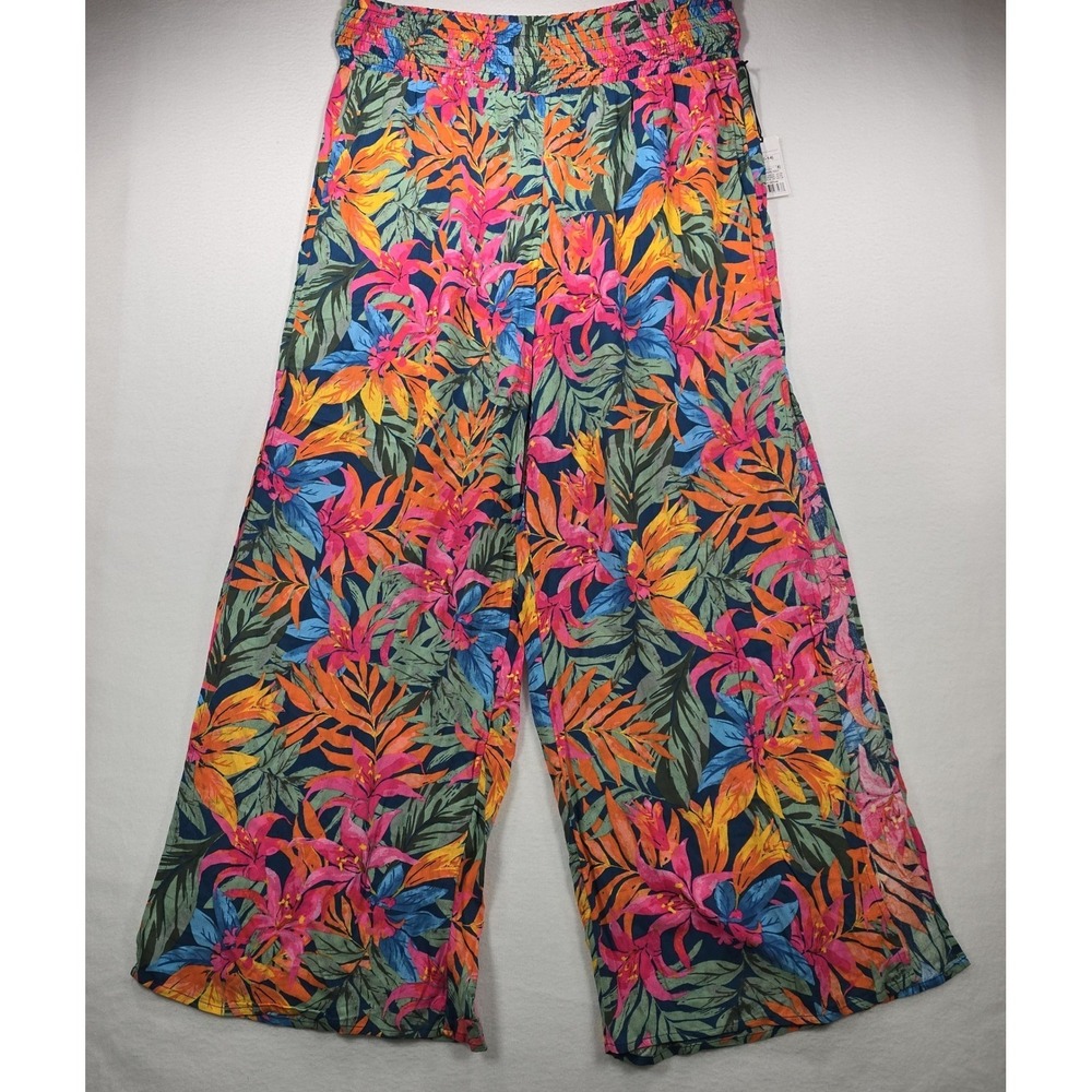 Shade & Shore Tropical Floral Wide Leg Pants Smocked Waist Boho Lounge Large NWT